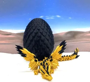 Crystal Winged Dragon with Dragon Egg, 3D Printed Articulated Dragon with Wings, Gold and Black Crystal Winged Dragon, Fidget ADHD Autism Toy CW005