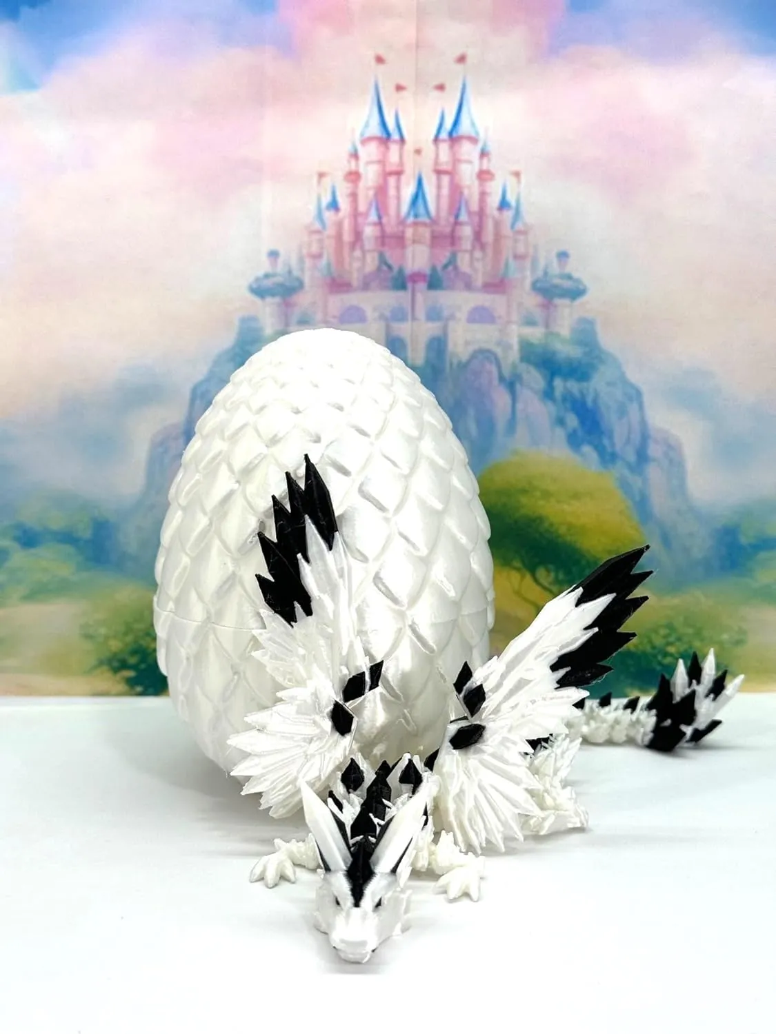 Crystal Winged Dragon with Egg, 3D Printed Articulated White and Black Winged Dragon, Fidget ADHD Autism Toy CW011-WE