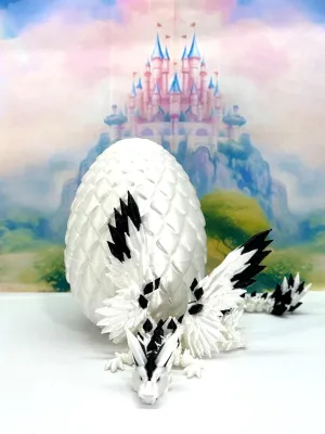 Crystal Winged Dragon with Egg, 3D Printed Articulated White and Black Winged Dragon, Fidget ADHD Autism Toy CW011-WE