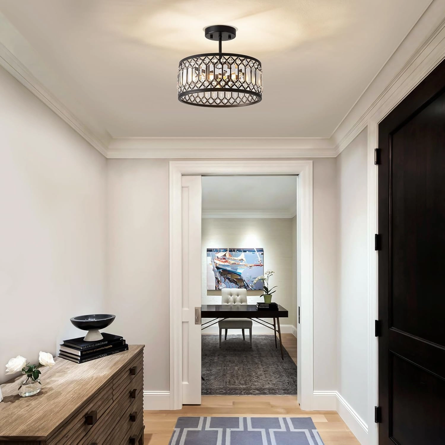 Crystal Black Ceiling Light, Modern Semi Flush Mount Ceiling Lighting Fixture, Round Hallway Lighting Fixtures Chandelier for Kitchen Entryway Bedroom Dining Room, 3-Light, 12.2 Inch