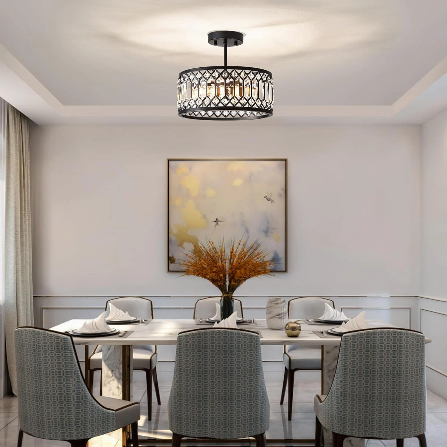 Crystal Black Ceiling Light, Modern Semi Flush Mount Ceiling Lighting Fixture, Round Hallway Lighting Fixtures Chandelier for Kitchen Entryway Bedroom Dining Room, 3-Light, 12.2 Inch