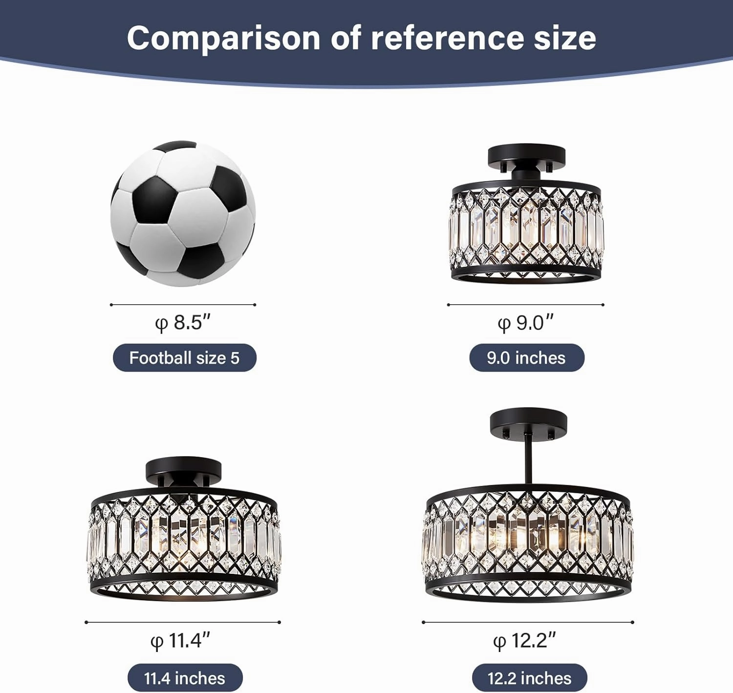 Crystal Black Ceiling Light, Modern Semi Flush Mount Ceiling Lighting Fixture, Round Hallway Lighting Fixtures Chandelier for Kitchen Entryway Bedroom Dining Room, 3-Light, 12.2 Inch