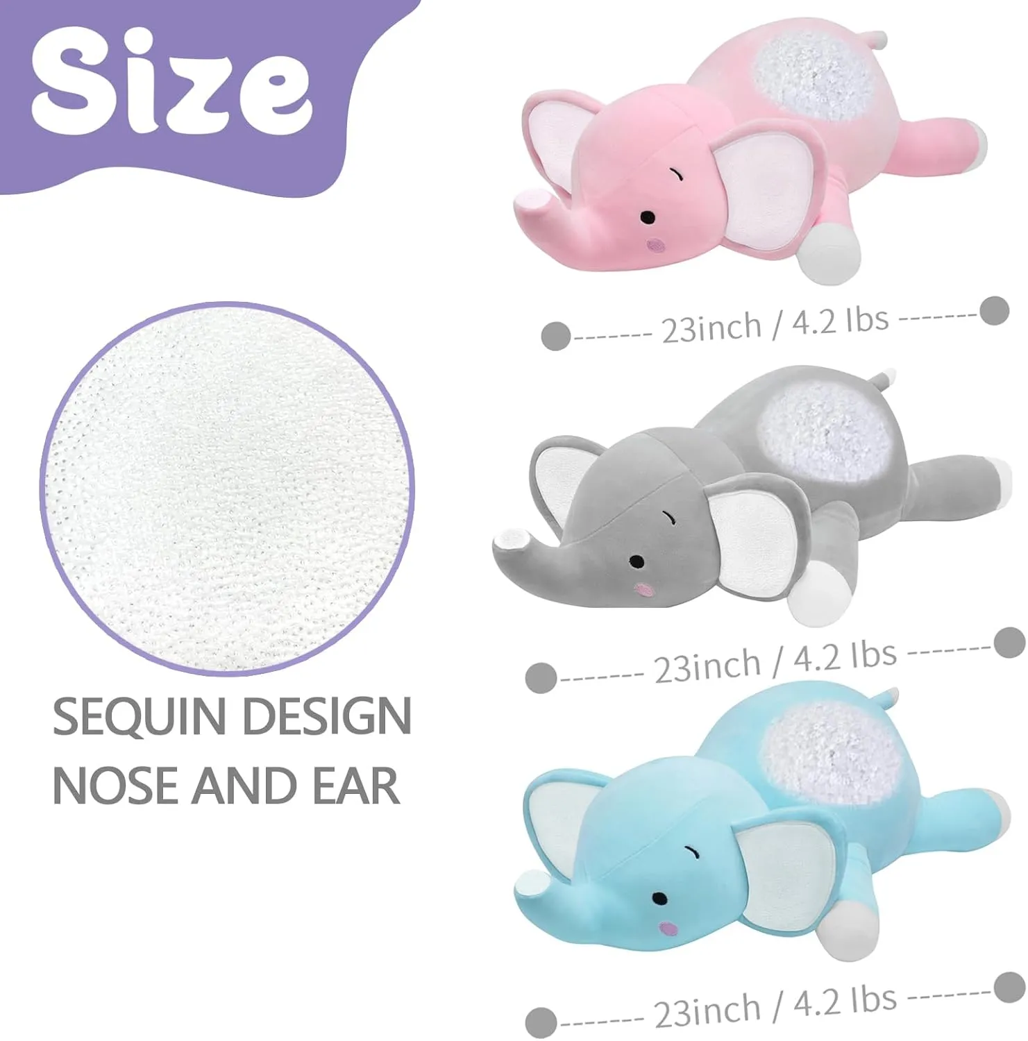 CSVBTRF Weighted Stuffed Animal, 4.2 lbs 23" Elephant Plush Hugging Pillow for Kids Gift - Elephant Stuffed Animals