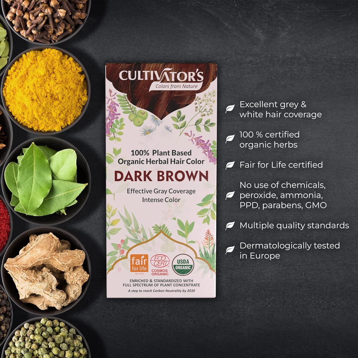 Cultivator's Organic Hair Dye - Ammonia-Free Natural Powder for Women and Men (Dark Brown) - 100g