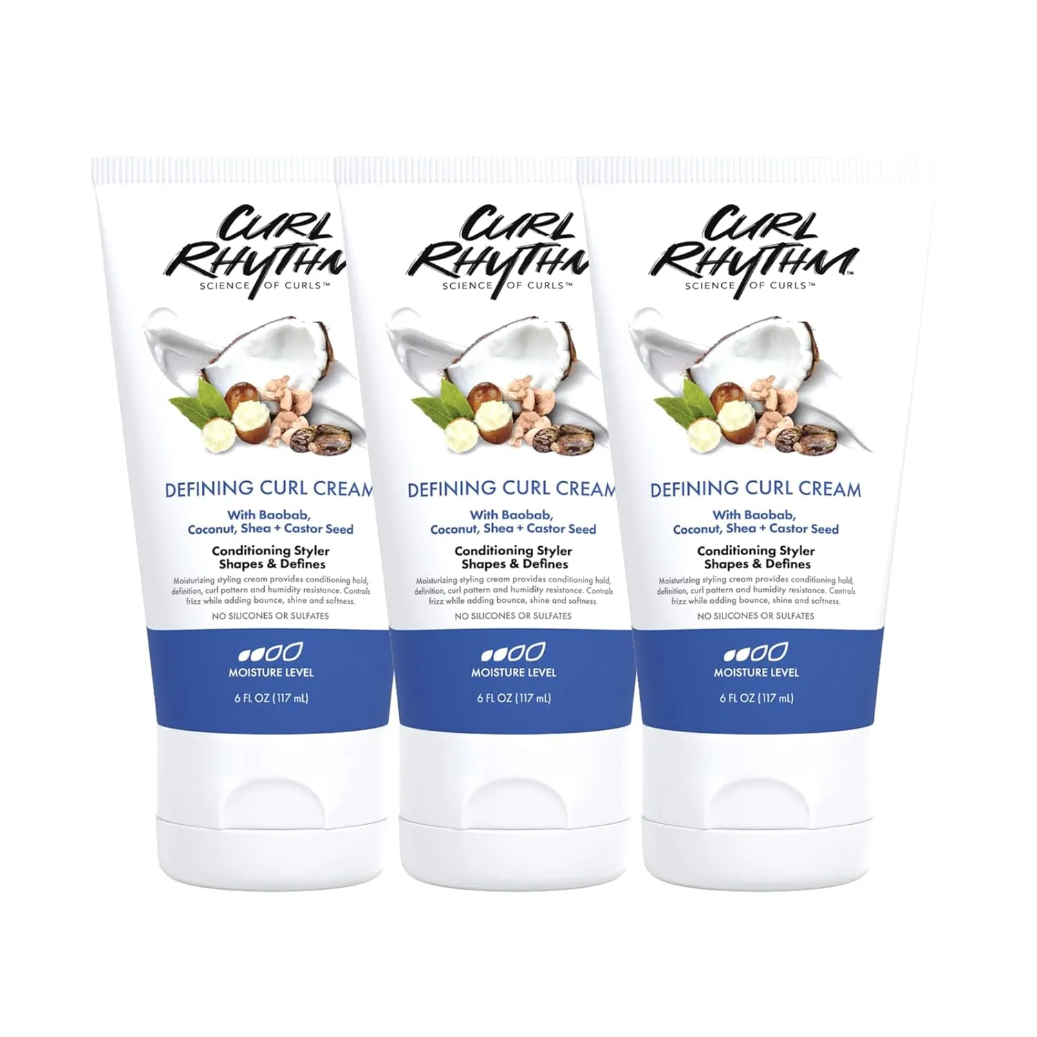 Curl Defining Cream - Curl Cream for Curly Hair Anti Frizz, Moisturizing Frizz-Free Shine with Coconut, Shea Butter & Castor Seed Oil - Smoothing for Wavy Hair - 6 Fl Oz (3 Pack)