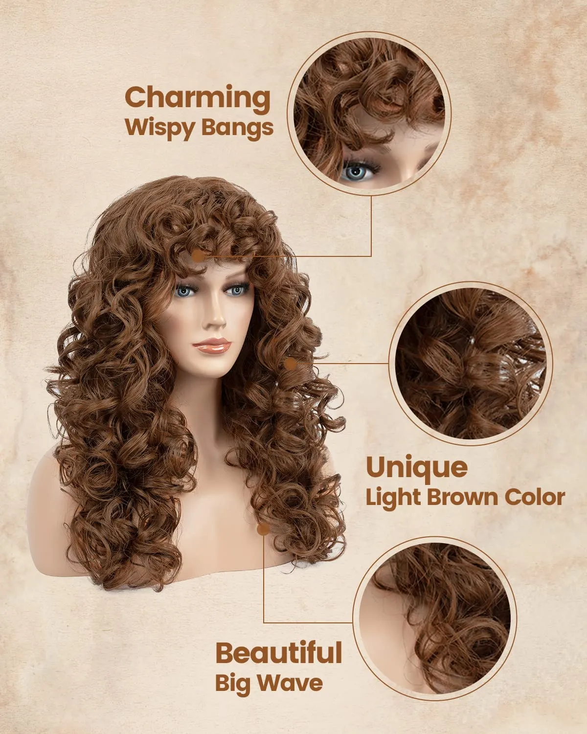 Curly Wig with Bangs for Women FLUFYMOOZ Natural Light Brown Long Curly Wig 21Inch Curls with Wispy Bangs Heat Resist Soft Synthetic Wig for Women Daily Use Party Halloween Cosplay