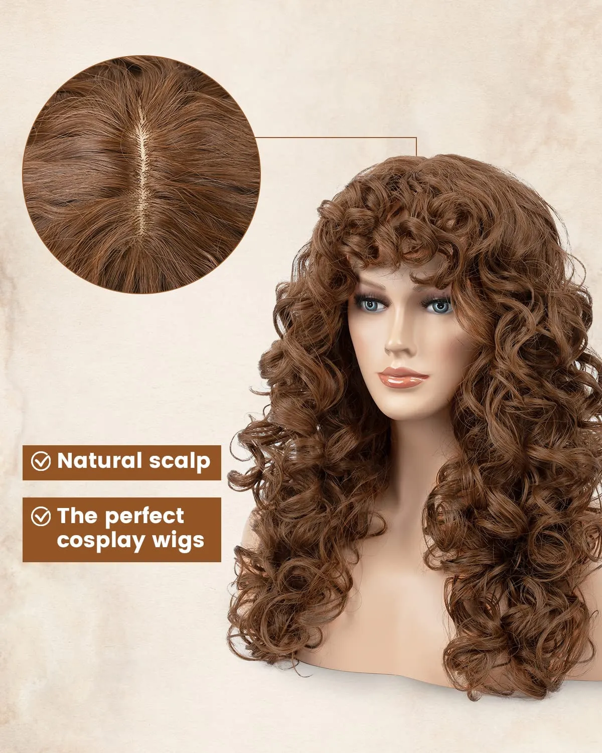 Curly Wig with Bangs for Women FLUFYMOOZ Natural Light Brown Long Curly Wig 21Inch Curls with Wispy Bangs Heat Resist Soft Synthetic Wig for Women Daily Use Party Halloween Cosplay