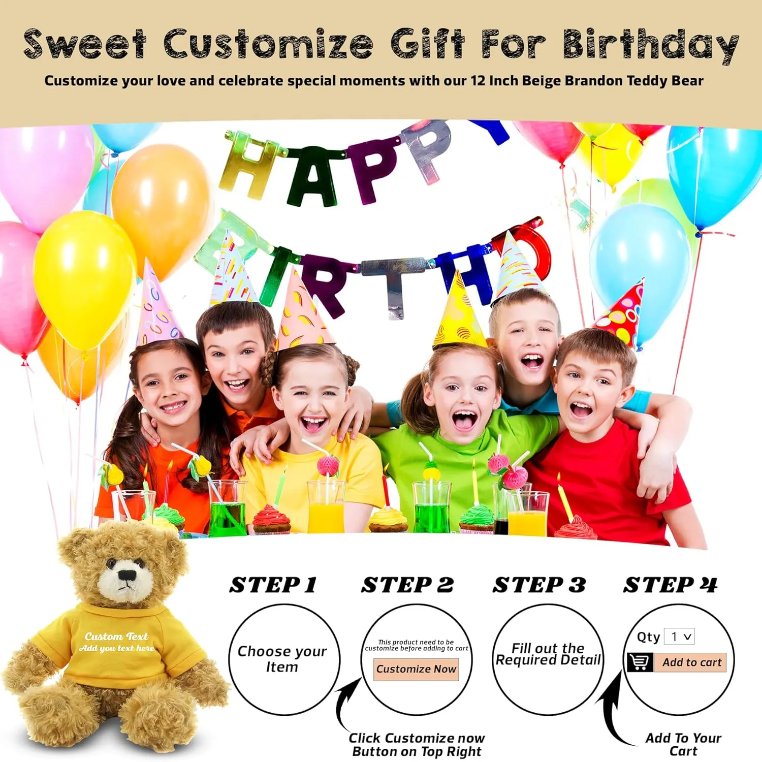 Customized Beige Brandon Bear - 12 inch Personalized Stuffed Bear Plush Toy - Perfect Custom Shirt Bear Gift for Graduation Valentines Graduation Easter Holidays (Yellow Shirt)
