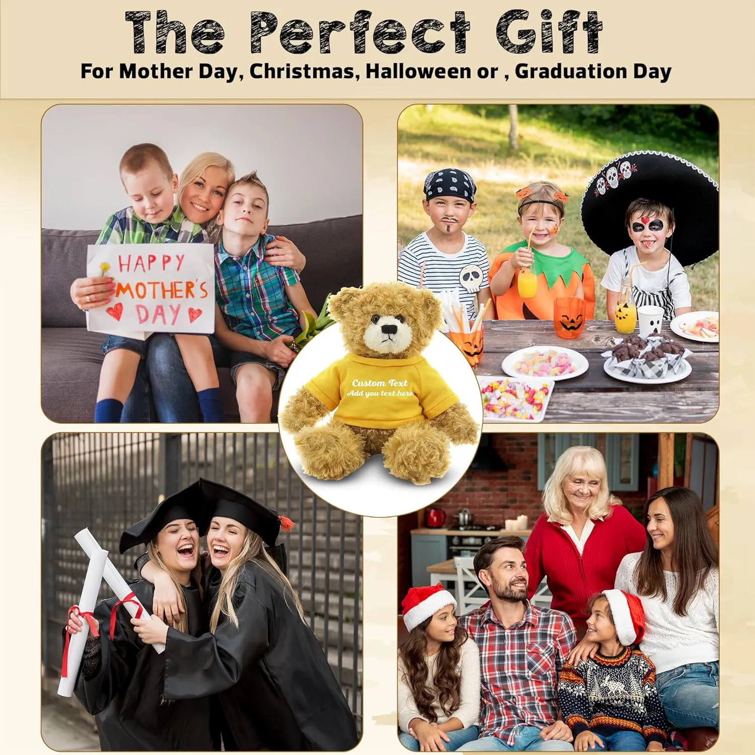 Customized Beige Brandon Bear - 12 inch Personalized Stuffed Bear Plush Toy - Perfect Custom Shirt Bear Gift for Graduation Valentines Graduation Easter Holidays (Yellow Shirt)