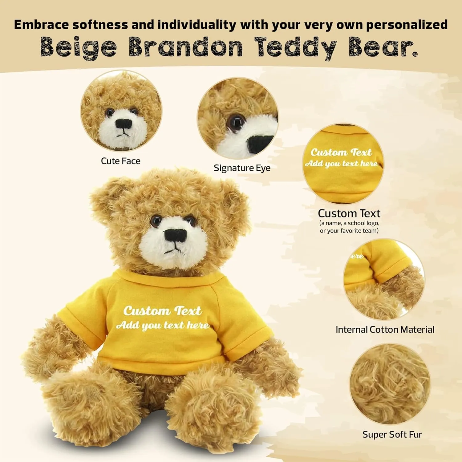 Customized Beige Brandon Bear - 12 inch Personalized Stuffed Bear Plush Toy - Perfect Custom Shirt Bear Gift for Graduation Valentines Graduation Easter Holidays (Yellow Shirt)