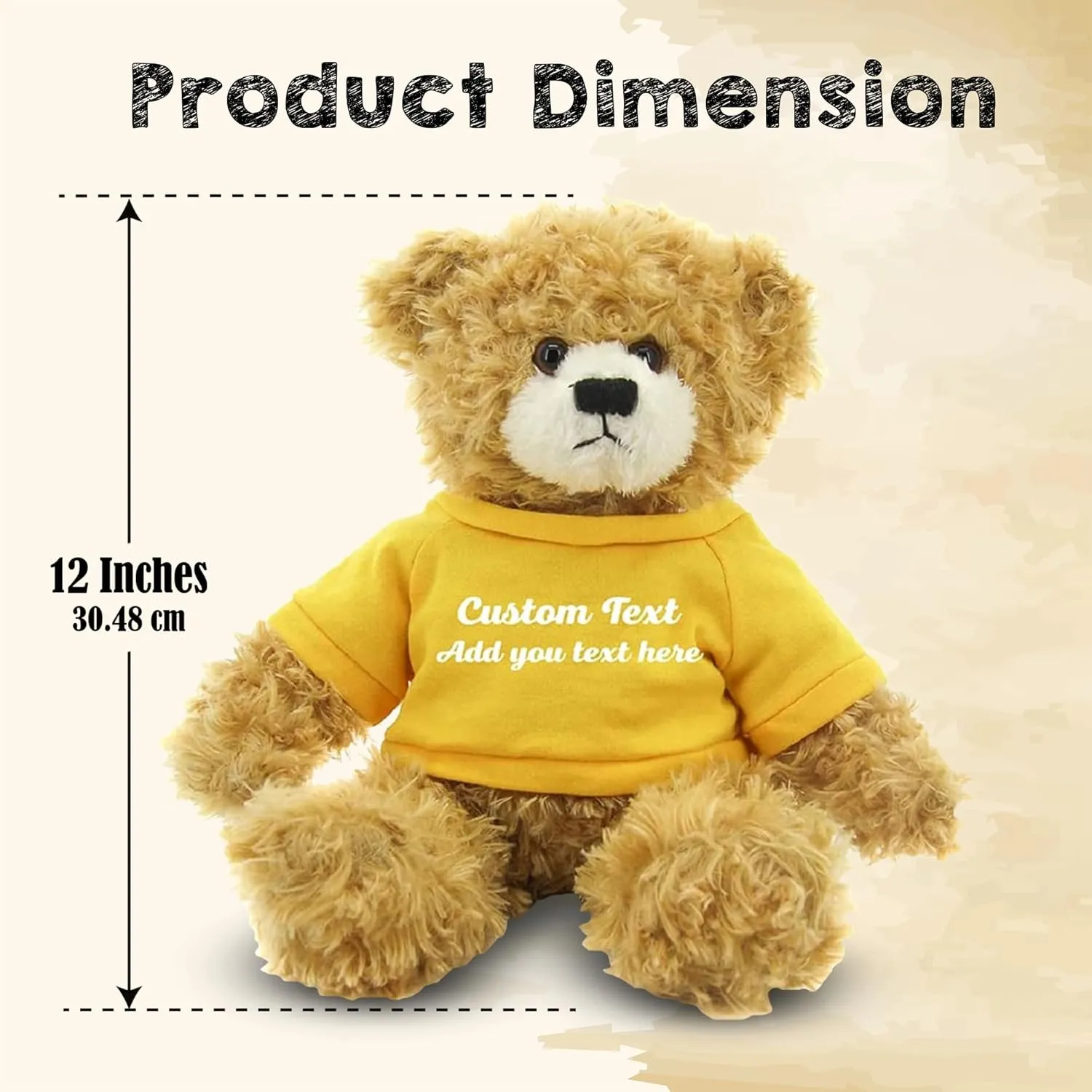 Customized Beige Brandon Bear - 12 inch Personalized Stuffed Bear Plush Toy - Perfect Custom Shirt Bear Gift for Graduation Valentines Graduation Easter Holidays (Yellow Shirt)