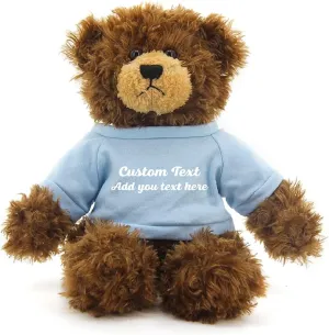 Customized Chocolate Brandon Bear - 12 inch Personalized Stuffed Bear Plush Toy - Perfect Custom Shirt Bear Gift for Graduation Valentines Graduation Easter Holidays (Powder Blue Shirt)