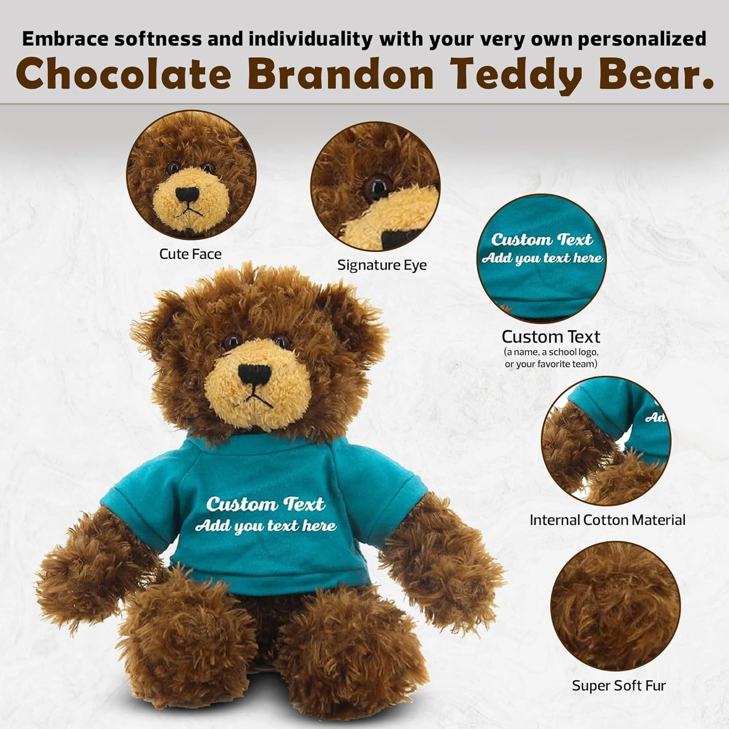Customized Chocolate Brandon Bear - 12 inch Personalized Stuffed Bear Plush Toy - Perfect Custom Shirt Bear Gift for Graduation Valentines Graduation Easter Holidays (Teal Shirt)