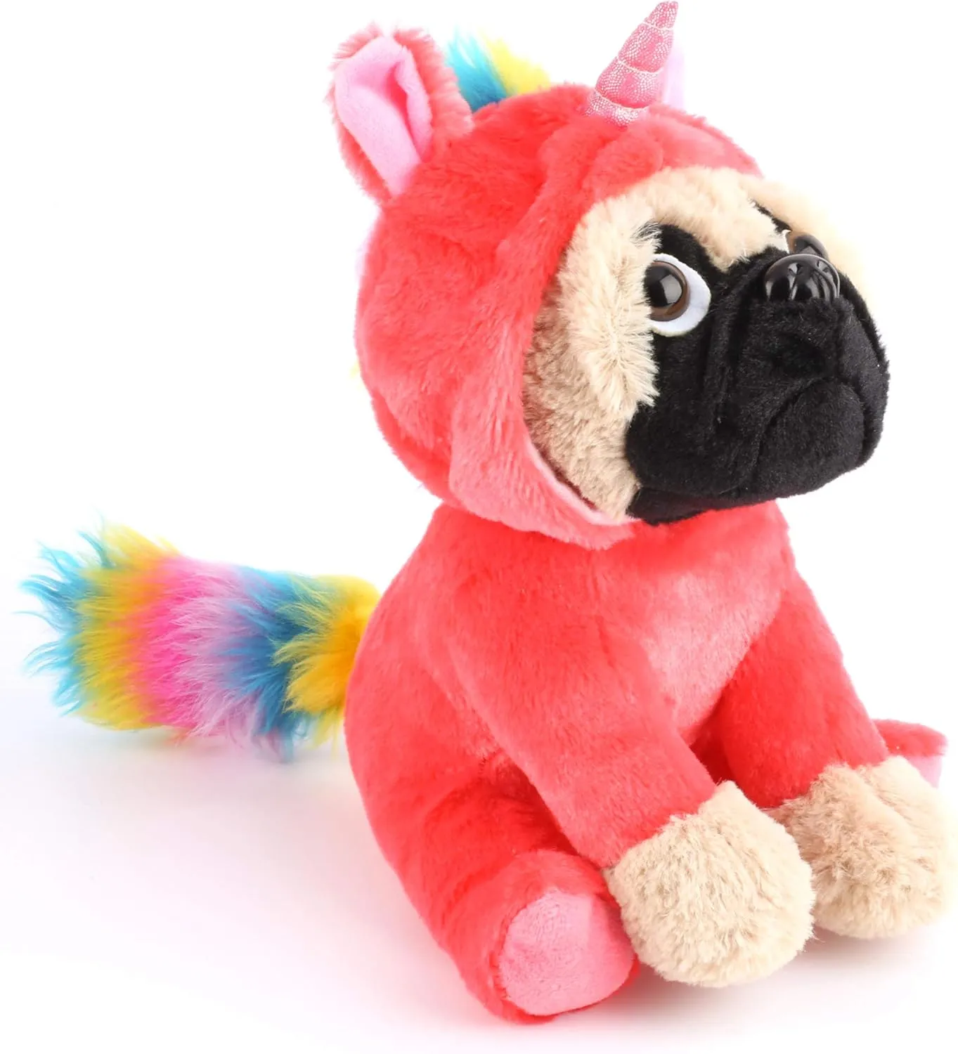 Cute Pug Stuffed Animal Pugicorn Dog Dressed as Hot Pink Unicorn,Plush Soft Puppy Toy in Costume with Spark Horn Rainbow Mane and Tail, Great Gift for Kids,12 Inch