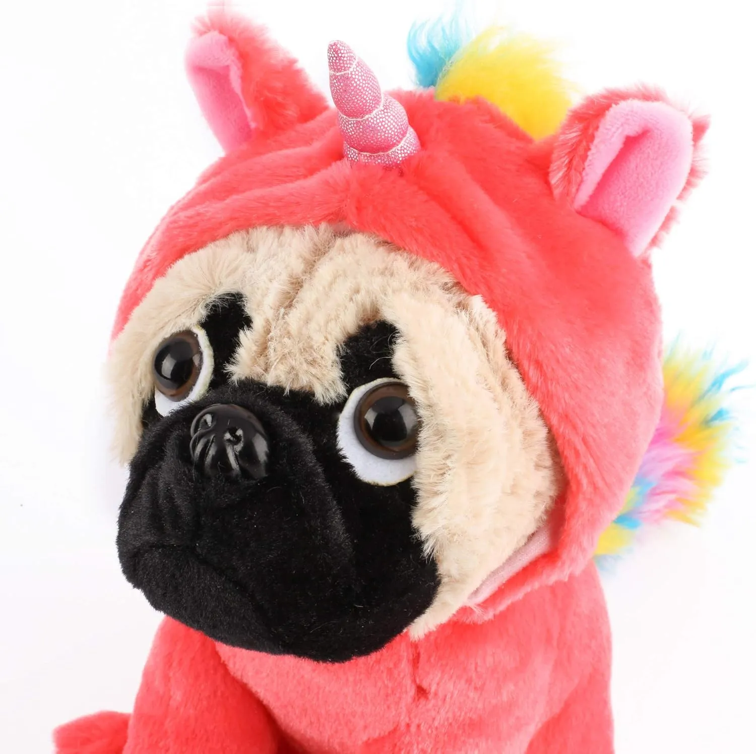 Cute Pug Stuffed Animal Pugicorn Dog Dressed as Hot Pink Unicorn,Plush Soft Puppy Toy in Costume with Spark Horn Rainbow Mane and Tail, Great Gift for Kids,12 Inch