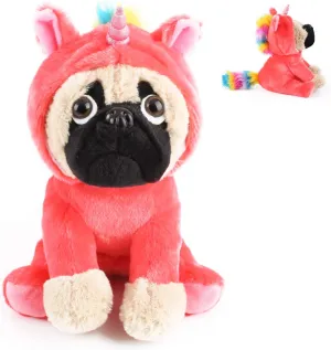 Cute Pug Stuffed Animal Pugicorn Dog Dressed as Hot Pink Unicorn,Plush Soft Puppy Toy in Costume with Spark Horn Rainbow Mane and Tail, Great Gift for Kids,12 Inch