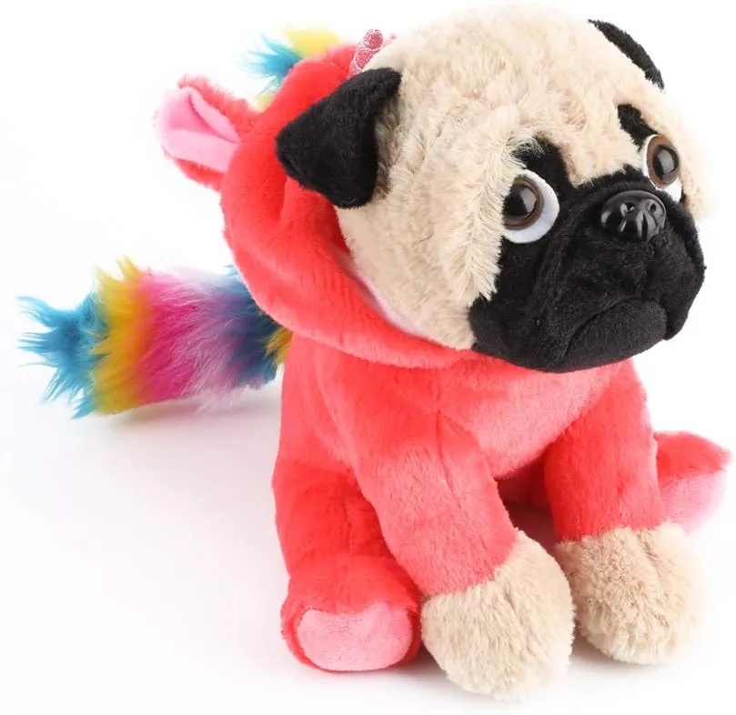 Cute Pug Stuffed Animal Pugicorn Dog Dressed as Hot Pink Unicorn,Plush Soft Puppy Toy in Costume with Spark Horn Rainbow Mane and Tail, Great Gift for Kids,12 Inch