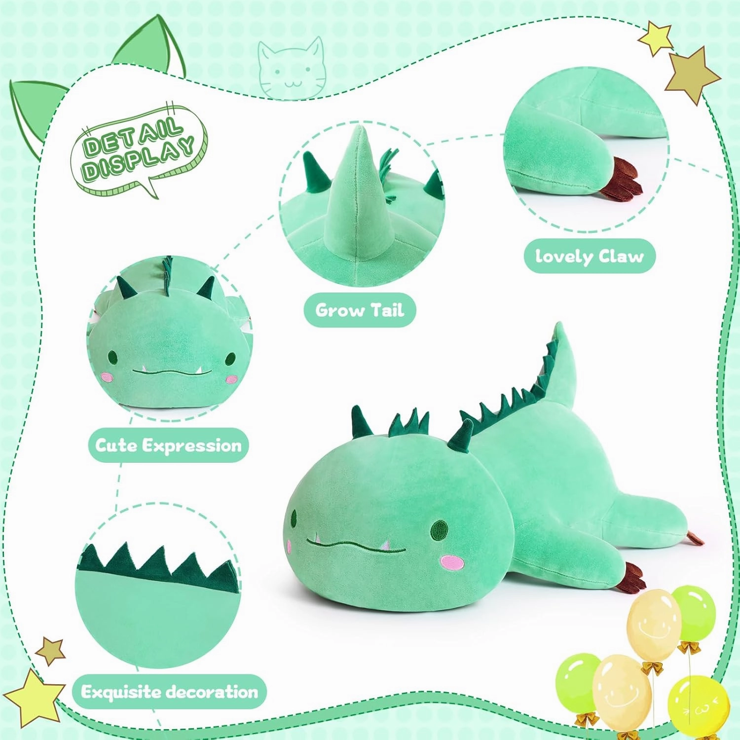 Cute Dinosaur Plush Pillow Soft Dino Stuffed Animal Kawaii Plushie Toy Hugging Pillow Great Gift for Kids and Adult Birthday Valentines, 20", Green