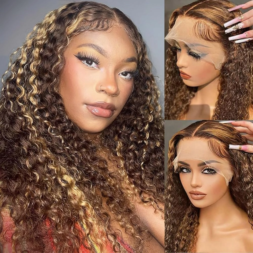 Deep Wave Ombre Highlight Lace Front Wigs Human Hair 180% Density 13x4 HD Transparent Lace Frontal Wigs for Women 4/27 Honey Blonde Color Pre Plucked with Baby Hair Brazilian Virgin Hair 18 Inch