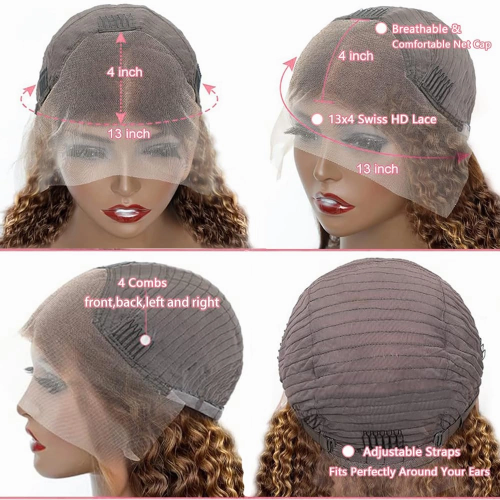 Deep Wave Ombre Highlight Lace Front Wigs Human Hair 180% Density 13x4 HD Transparent Lace Frontal Wigs for Women 4/27 Honey Blonde Color Pre Plucked with Baby Hair Brazilian Virgin Hair 18 Inch