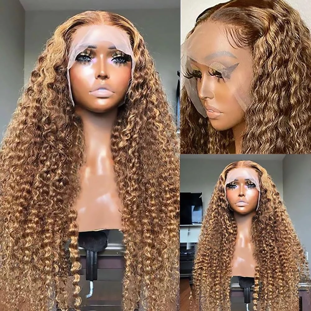 Deep Wave Ombre Highlight Lace Front Wigs Human Hair 180% Density 13x4 HD Transparent Lace Frontal Wigs for Women 4/27 Honey Blonde Color Pre Plucked with Baby Hair Brazilian Virgin Hair 18 Inch