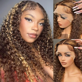 Deep Wave Ombre Highlight Lace Front Wigs Human Hair 180% Density 13x4 HD Transparent Lace Frontal Wigs for Women 4/27 Honey Blonde Color Pre Plucked with Baby Hair Brazilian Virgin Hair 18 Inch