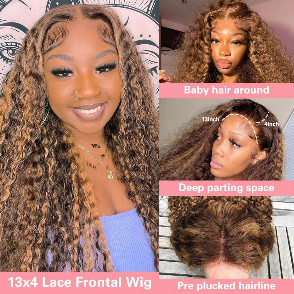Deep Wave Ombre Highlight Lace Front Wigs Human Hair 180% Density 13x4 HD Transparent Lace Frontal Wigs for Women 4/27 Honey Blonde Color Pre Plucked with Baby Hair Brazilian Virgin Hair 18 Inch