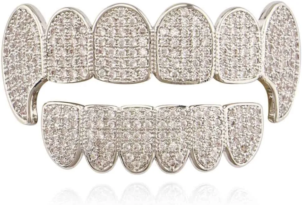 Diamond Vampire Fangs Grillz Gold Plated Shiny Hip Hop Teeth Grillz Caps Iced Out Top and Bottom Grills for Men and Women