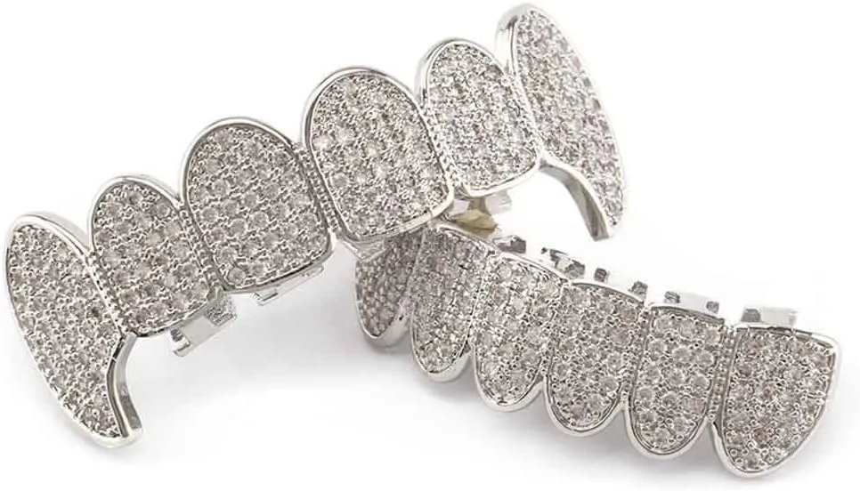 Diamond Vampire Fangs Grillz Gold Plated Shiny Hip Hop Teeth Grillz Caps Iced Out Top and Bottom Grills for Men and Women