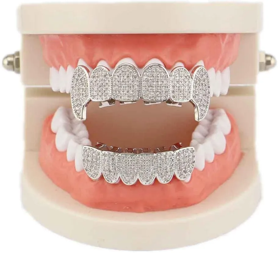 Diamond Vampire Fangs Grillz Gold Plated Shiny Hip Hop Teeth Grillz Caps Iced Out Top and Bottom Grills for Men and Women