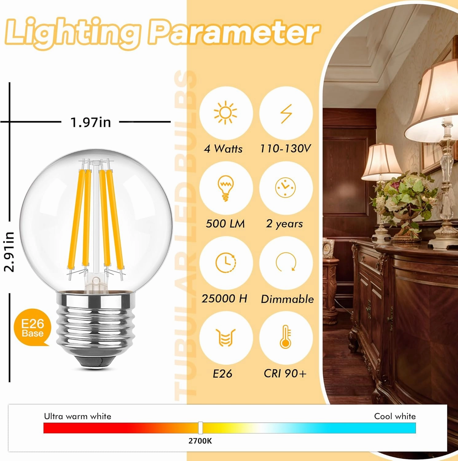 Dimmable E26 4 Watt LED Light Bulbs, G16.5 Small Globe Light Bulb, Equivalent 40 Watt,2700k Warm White Filament Vintage Light Bulb for Home or Commercial Lighting,500LM,120V,6pcs