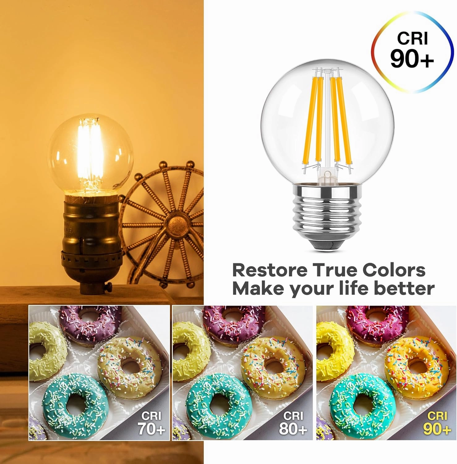 Dimmable E26 4 Watt LED Light Bulbs, G16.5 Small Globe Light Bulb, Equivalent 40 Watt,2700k Warm White Filament Vintage Light Bulb for Home or Commercial Lighting,500LM,120V,6pcs