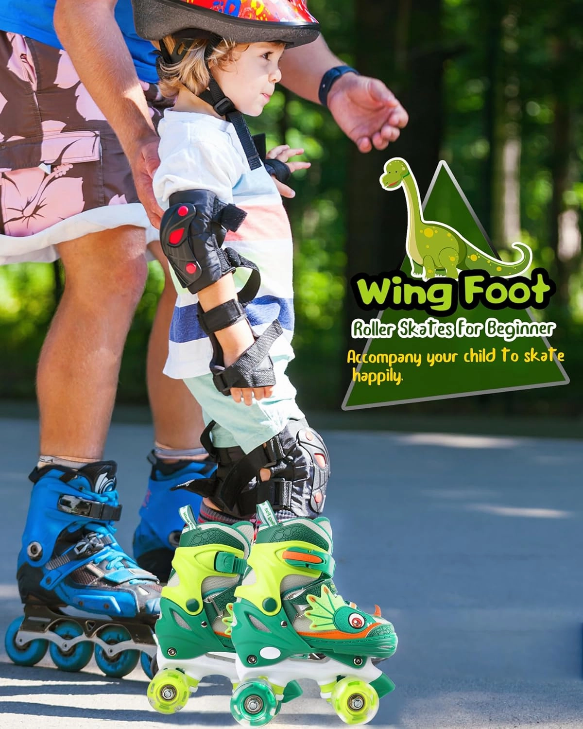 Dino Kids Toddler Roller Skates for Boys Girls,WESKIFAN Dinosaur Quad Skating Shoes with Shiny Light up Wheels&Adjustable Sizes Beginners rollerskates for Birthday Xmas Gifts