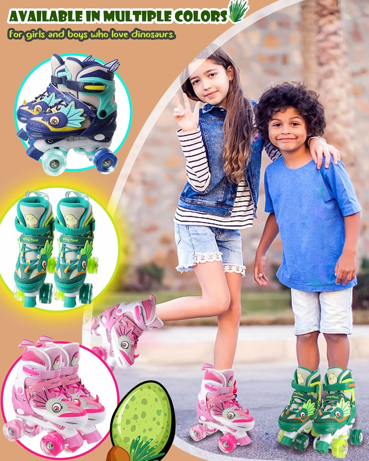 Dino Kids Toddler Roller Skates for Boys Girls,WESKIFAN Dinosaur Quad Skating Shoes with Shiny Light up Wheels&Adjustable Sizes Beginners rollerskates for Birthday Xmas Gifts