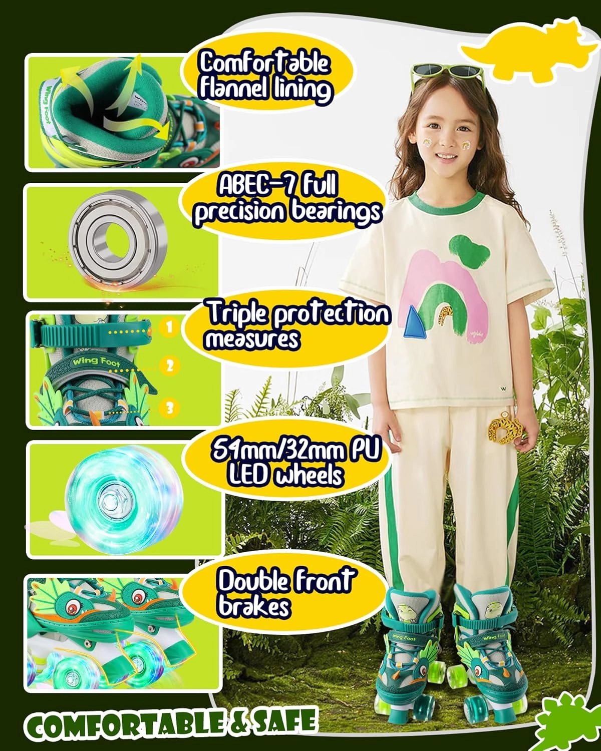 Dino Kids Toddler Roller Skates for Boys Girls,WESKIFAN Dinosaur Quad Skating Shoes with Shiny Light up Wheels&Adjustable Sizes Beginners rollerskates for Birthday Xmas Gifts