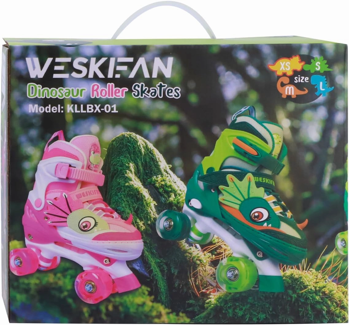 Dino Kids Toddler Roller Skates for Boys Girls,WESKIFAN Dinosaur Quad Skating Shoes with Shiny Light up Wheels&Adjustable Sizes Beginners rollerskates for Birthday Xmas Gifts