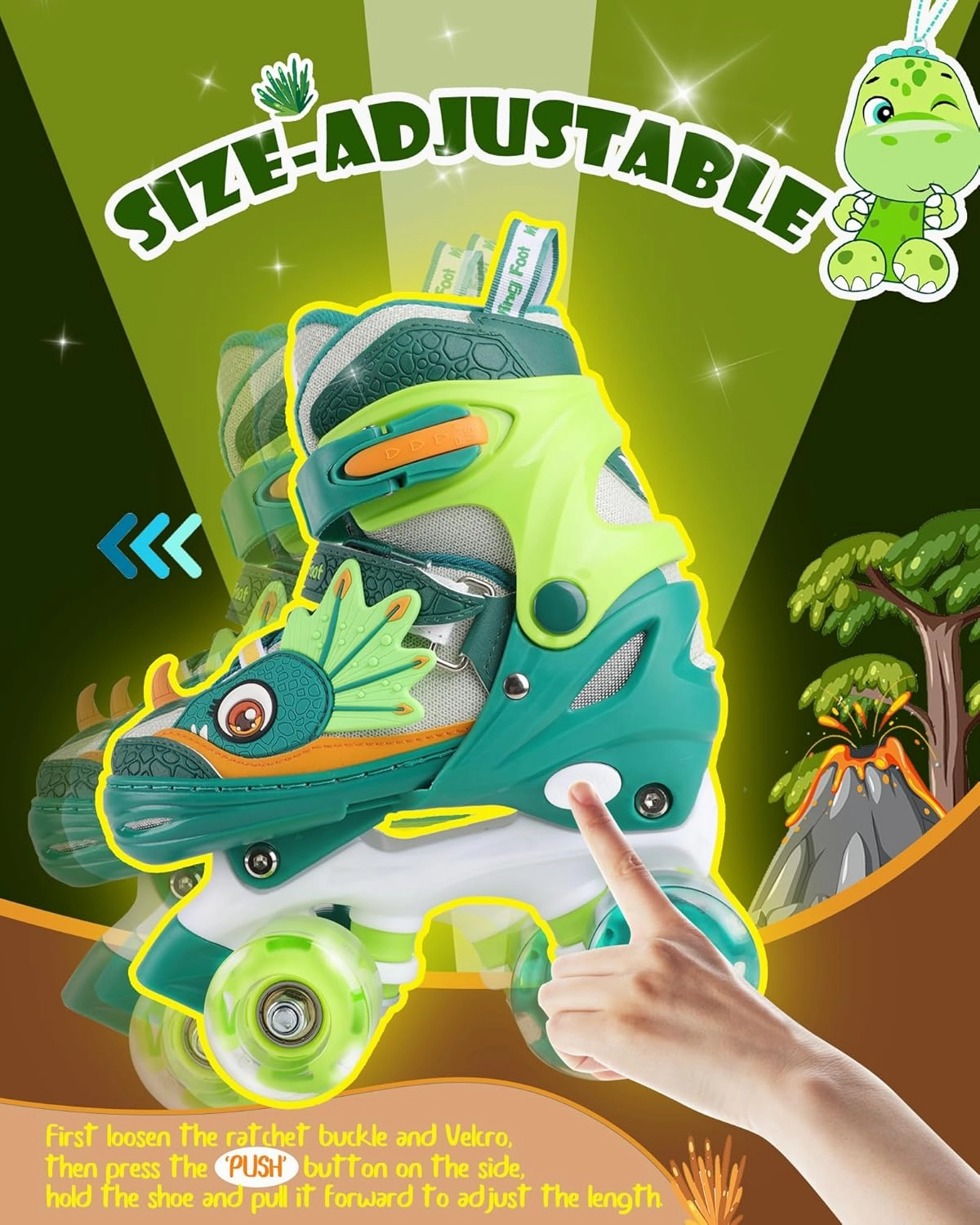 Dino Kids Toddler Roller Skates for Boys Girls,WESKIFAN Dinosaur Quad Skating Shoes with Shiny Light up Wheels&Adjustable Sizes Beginners rollerskates for Birthday Xmas Gifts