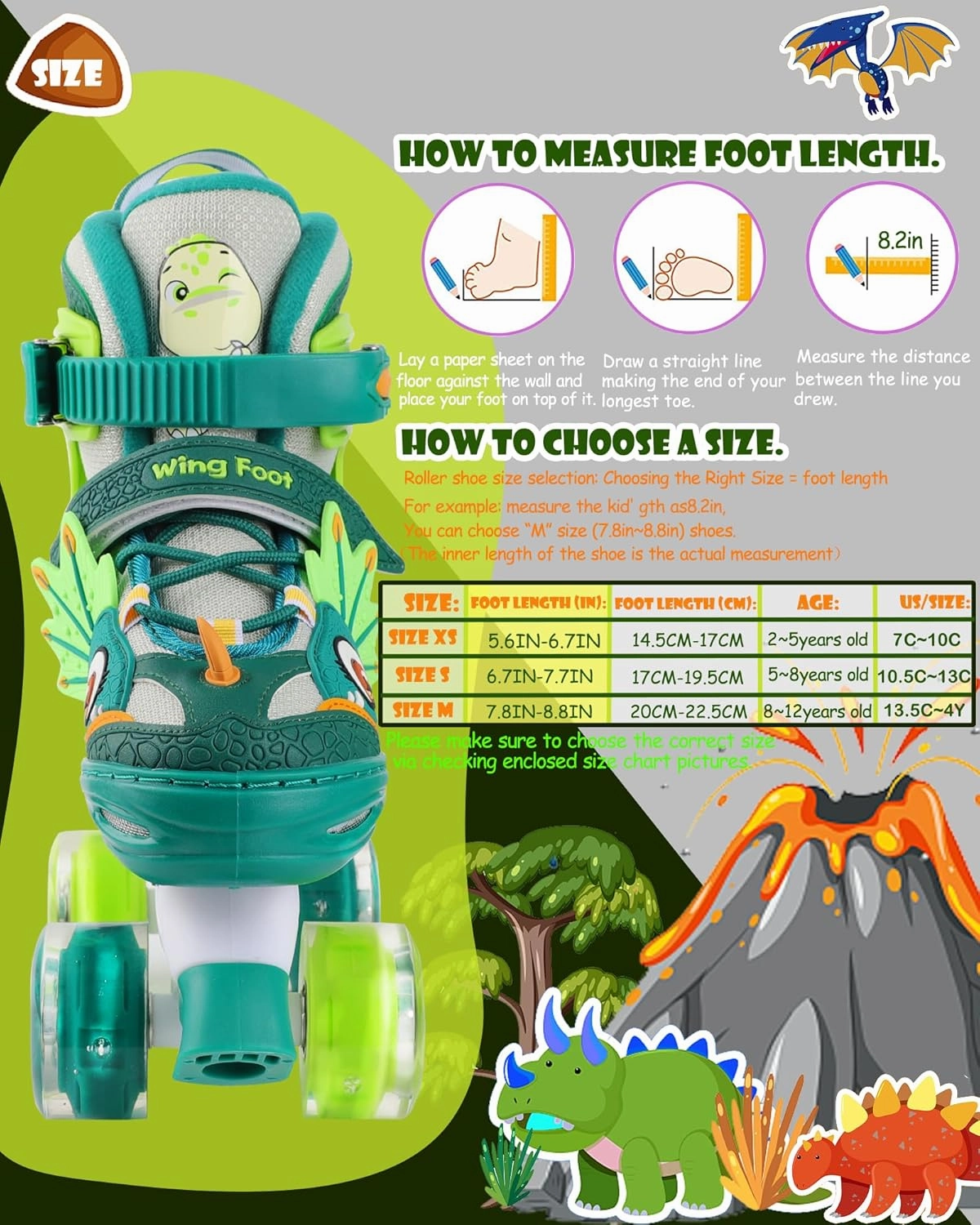 Dino Kids Toddler Roller Skates for Boys Girls,WESKIFAN Dinosaur Quad Skating Shoes with Shiny Light up Wheels&Adjustable Sizes Beginners rollerskates for Birthday Xmas Gifts