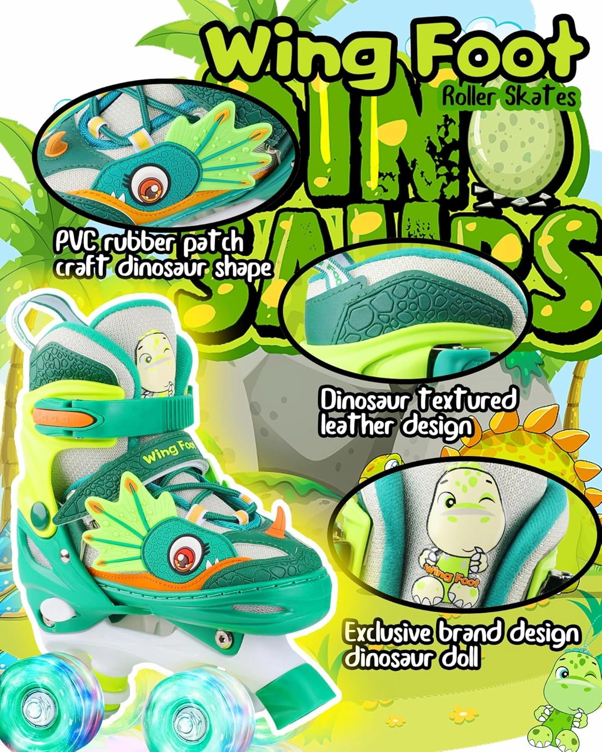 Dino Kids Toddler Roller Skates for Boys Girls,WESKIFAN Dinosaur Quad Skating Shoes with Shiny Light up Wheels&Adjustable Sizes Beginners rollerskates for Birthday Xmas Gifts