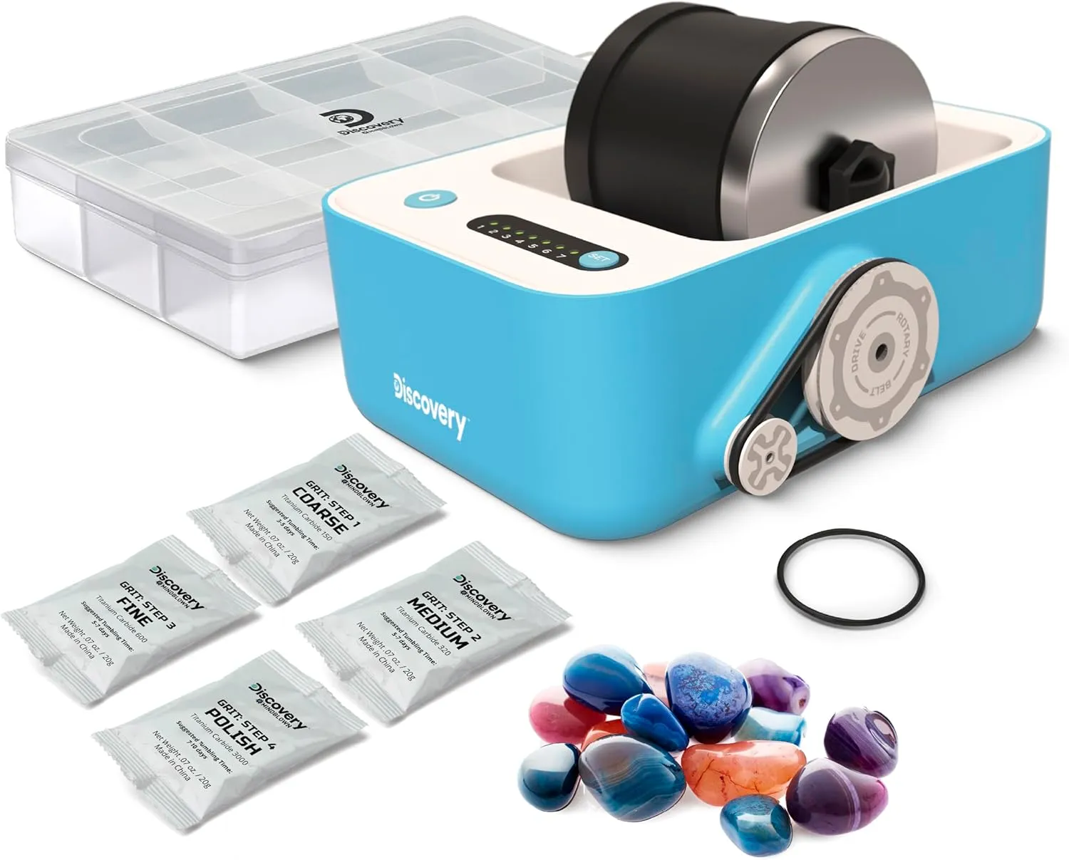 Discovery™ #MINDBLOWN Rock Tumbler Deluxe Set – Stone Polishing Kit with Rocks, 4 Grits, Gem Case| STEM Science Project Kit for Kids & Beginners| Cool Toy for Boys & Girls Ages 8 