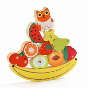 DJECO Puzz & Boom Happy Wooden Puzzle - Fruit & Cat Balancing Game for Kids - Fun & Engaging Activity for Friends & Family, Adorable Toys for Children 18  Months Girls & Boys