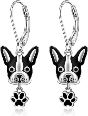 Dog Earrings for Women French Bulldog Boston Terrier Sterling Silver Dog Paw Print Puppy Frenchton Gifts for Pet Dogs Lover