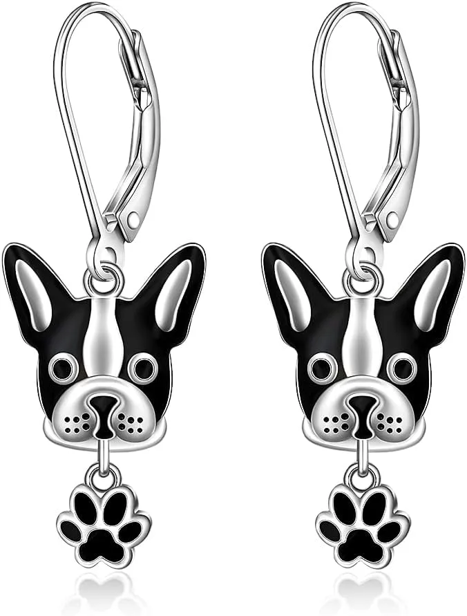 Dog Earrings for Women French Bulldog Boston Terrier Sterling Silver Dog Paw Print Puppy Frenchton Gifts for Pet Dogs Lover