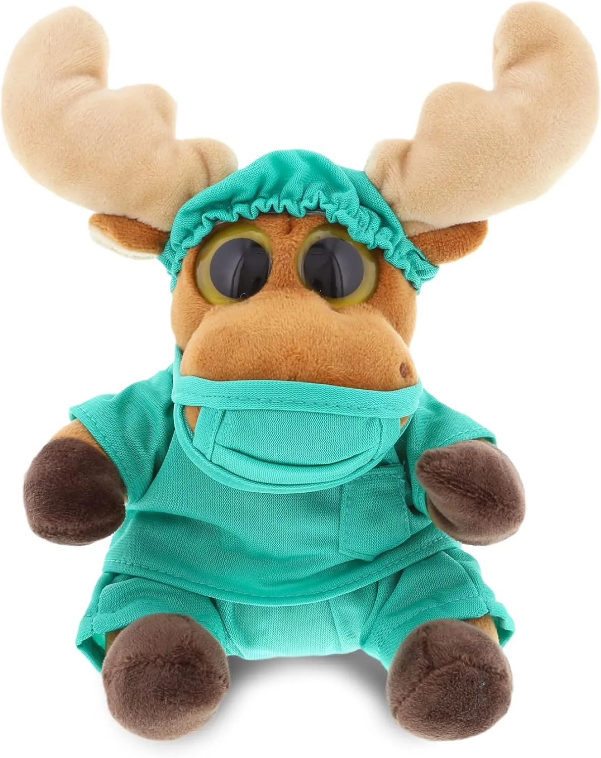 DolliBu Big Eye Moose Doctor Plush Toy - Super Soft Moose Doctor Stuffed Animal Dress Up with Cute Scrub Uniform & Cap Outfit - Gift with Personalization - 6" Inches