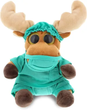 DolliBu Big Eye Moose Doctor Plush Toy - Super Soft Moose Doctor Stuffed Animal Dress Up with Cute Scrub Uniform & Cap Outfit - Gift with Personalization - 6" Inches
