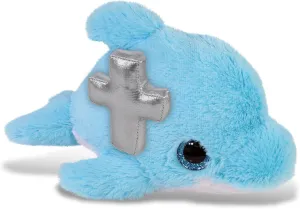 DolliBu Blue Dolphin Stuffed Animal with Silver Cross and Personalization - Religious Plush Baptism Gifts for Boys and Girls, Dedication Christening Gifts Plush Prayer Toy Healing Teddy Bear - 8 Inch