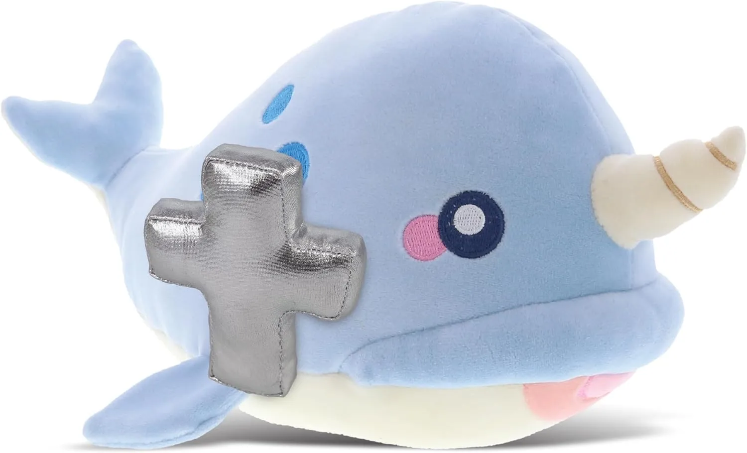DolliBu Blue Narwhal Stuffed Animal with Silver Cross Plush - Religious Baptism Gifts for Boys and Girls, Dedication Christening Gifts Plush Prayer Toy, Healing Stuffed Animal Toy - 7 Inches