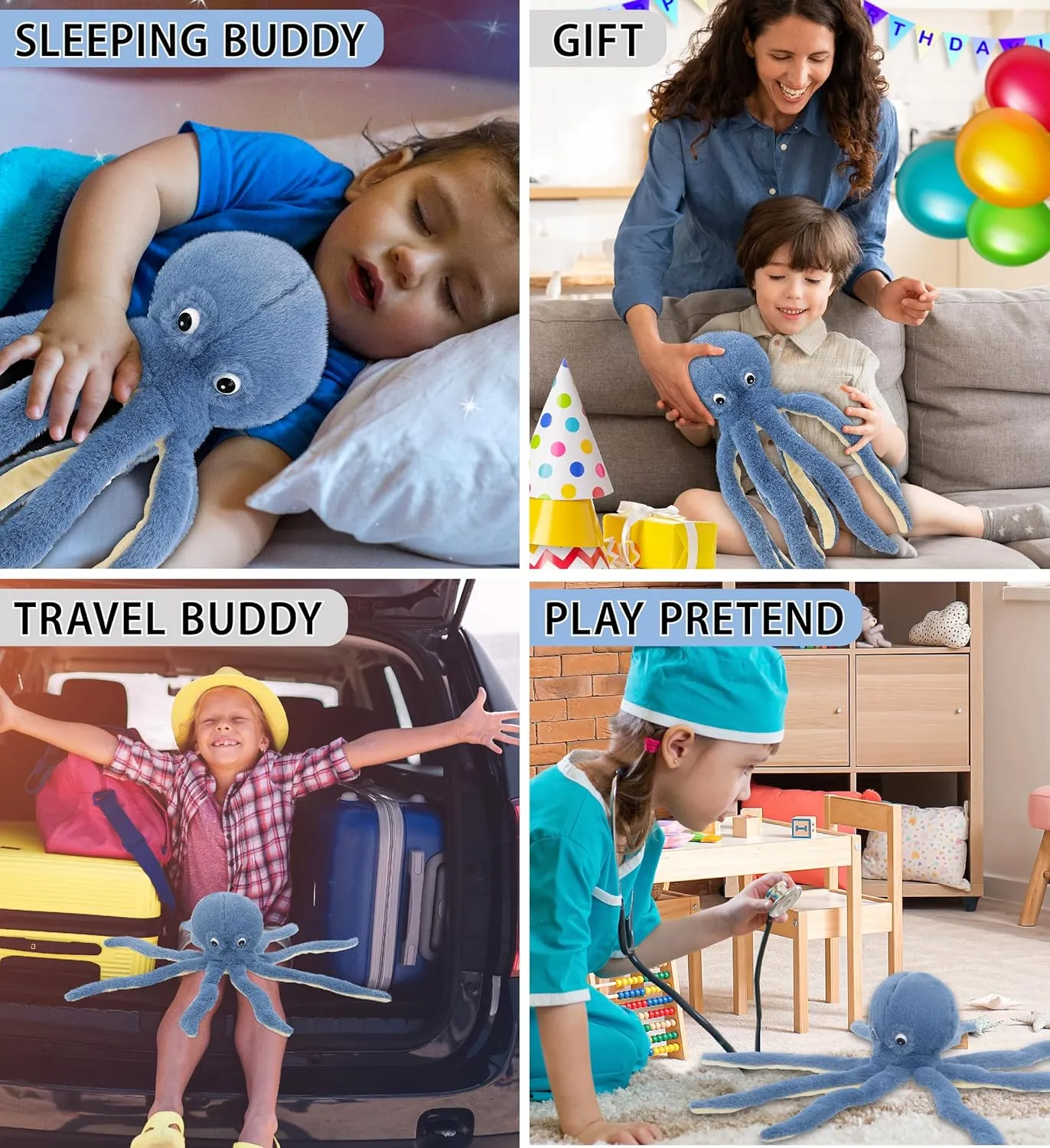 DolliBu Blue Octopus Super Soft Stuffed Animal, Cute Realistic Ocean Stuffed Animals for Girls, Boys, Adults Animal Gifts, Kids Nursery Decor for Newborn, Cuddly Soft Baby Plush Toys - 15 Inches