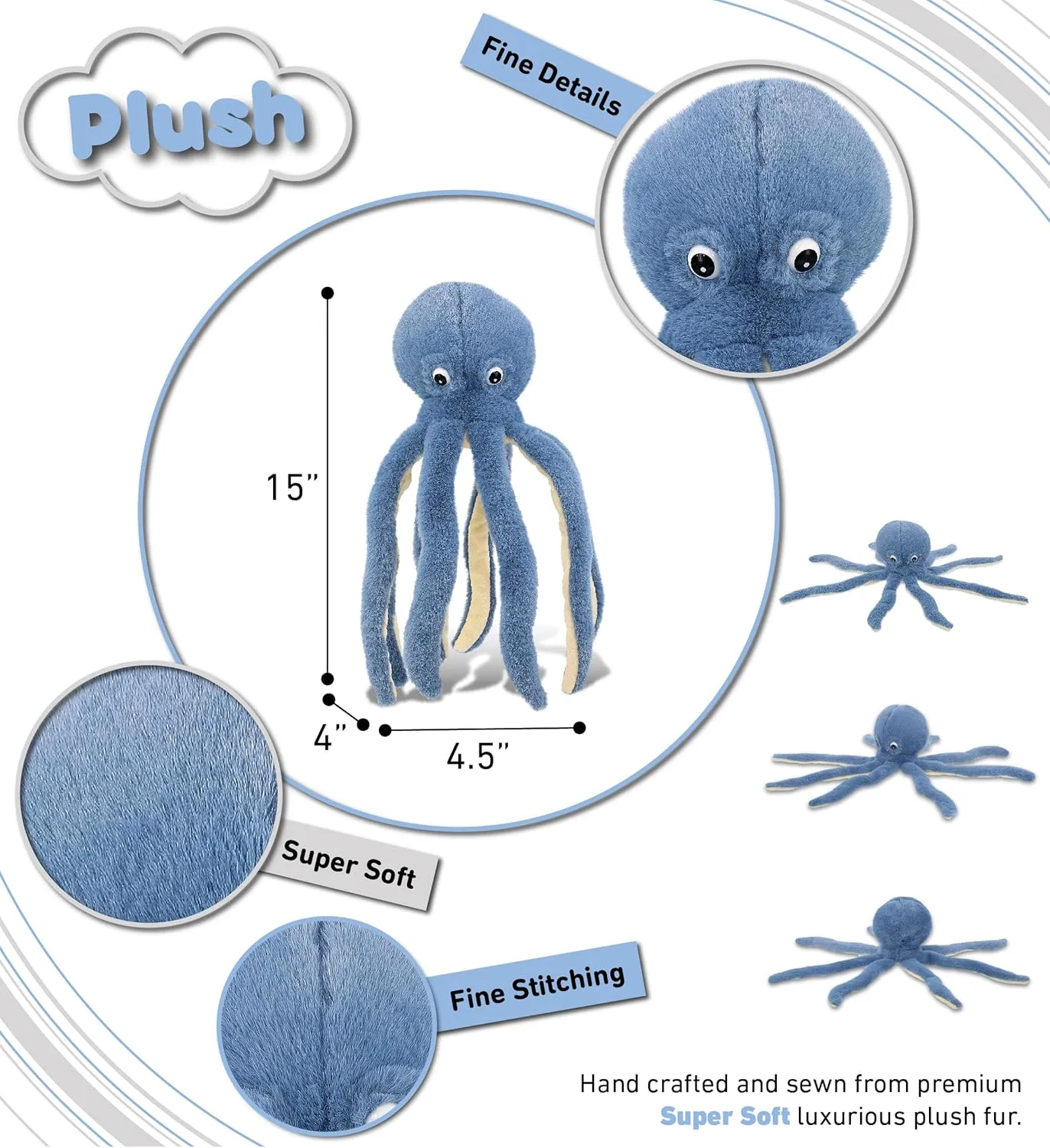 DolliBu Blue Octopus Super Soft Stuffed Animal, Cute Realistic Ocean Stuffed Animals for Girls, Boys, Adults Animal Gifts, Kids Nursery Decor for Newborn, Cuddly Soft Baby Plush Toys - 15 Inches