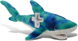 DolliBu Blue Tie-Dye Shark Stuffed Animal with Silver Cross and Personalization - Religious Baptism Gifts for Boys and Girls, Dedication Christening Plush Prayer Toy Healing Teddy Bear - 23 Inches